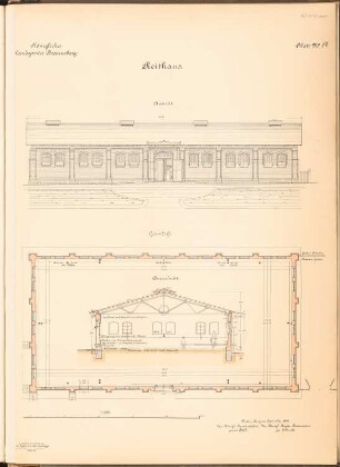 Landgestüt, Braunsberg: Reithaus: Ansicht, Grundriss, Querschnitt 1:100