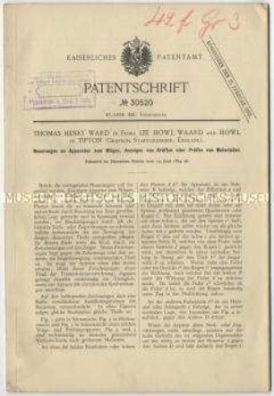 Patentschrift über Neuerungen an Apparaten zum Wägen, Anzeigen von Kräften oder Prüfen von Materialien, Patent-Nr. 30520