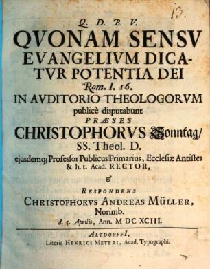 Quonam sensu evangelium dicatur potentia Dei, Rom. I,16 disp.
