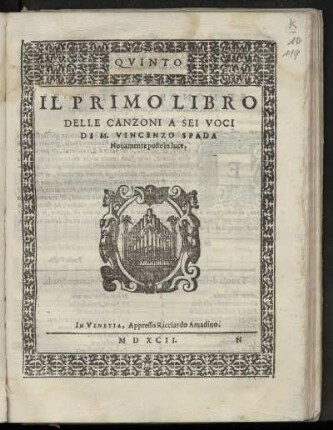 Vincenzo Spada: Il primo libro delle canzoni a sei voci ... Quinto