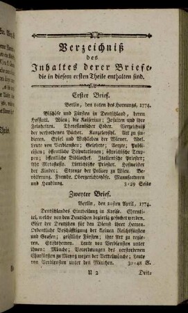 Verzeichniß des Inhaltes derer Briefe, die in diesem ersten Theile enthalten sind
