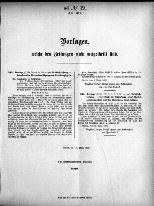 Anlage: ad No.19. (245-246.), Vorlagen, welche den Zeitungen nicht mitgeteilt sind