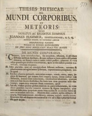 Theses physicae de mundi corporibus, et meteoris.