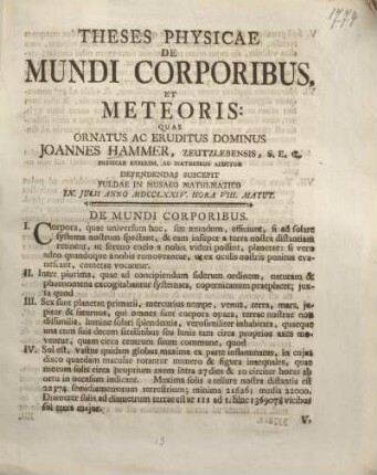 Theses physicae de mundi corporibus, et meteoris.