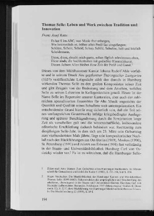 Thomas Selle: Leben und Werk zwischen Tradition und Innovation
