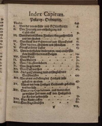 Index Capitum. Policey-Ordnung