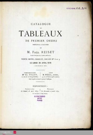 Catalogue de tableaux de premier ordre formant la collection de M. Fréd. Reiset, ancien directeur des Musées nationaux : vente Hôtel Drouot le lundi 28 avril 1879