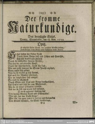Der fromme Naturkundige. Das dreyßigste Stück. Dantzig, Sonnabends, den 28. Febr. 1739