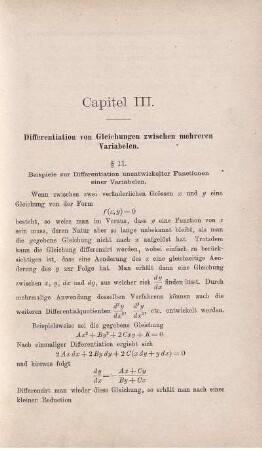 Capitel III. Differentiation von Gleichungen zwischen mehreren Variabelen. § 11. Beispiele zu Differentiation unentwickelter Functionen einer Variabelen.