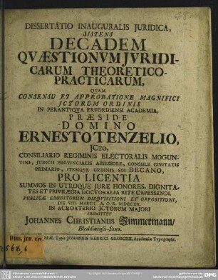 Dissertatio Inauguralis Iuridica, Sistens Decadem Quaestionum Iuridicarum Theoretico-Practicarum