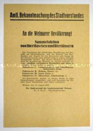 Amtliche Bekanntmachung des Stadtvorstandes von Weimar zu einer Sammelaktion von Bierflaschen und -fässern