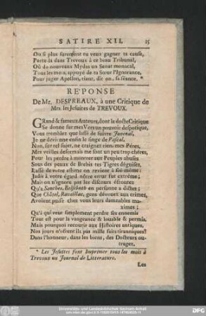 Re'ponse De Mr. Despreaux, à une Critique de Mrs. les Jesuites de Trevoux.