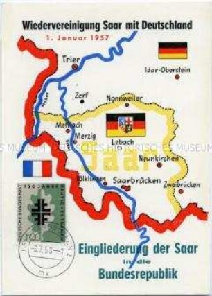 Postkarte zur Eingliederung des Saarlandes in die Bundesrepublik