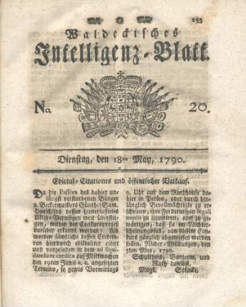 No. 20, Dienstag, den 18ten May, 1790