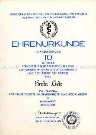 Ehrenurkunde zur Medaille für treue Dienste im Gesundheits- und Sozialwesen in Bronze