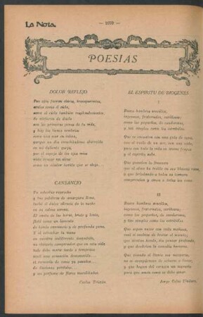 Poesías : Dolor reflejo [y] Cansancio [y] El espíritu de Diógenes