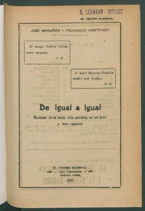 1918002800: De igual a igual : escenas de la mala vida porteña en un acto y tres cuadros