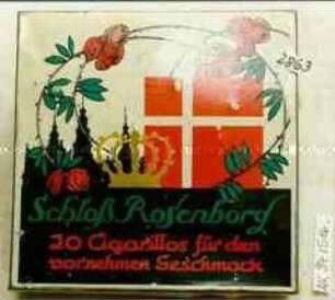 Blechdose für 20 Stück Zigarillos "Schloss Rosenborg" (Abbildung: Rosenzweige, Krone, Flagge vor dem Schattenriss eines Schloßes)