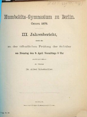Jahresbericht : Schuljahr Ostern ... bis Ostern ..., 1877/78 = Jahresb. 3