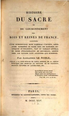 Histoire du Sacre et du Couronnement des Rois et Reines de France