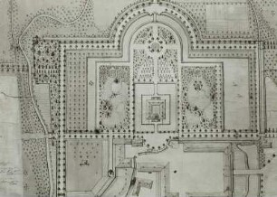 Grundriss zum Garten von Schloss Seershausen : Seerhausen, Lageplan und Grundriss von Schloss Seerhausen mit Wirtschaftsgebäuden und Garten (angelegt 1630, gezeichnet 1856). Detail
