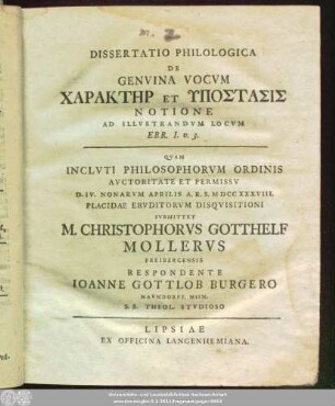 Dissertatio Philologica De Genvina Vocvm Charaktēr Et Ypostasis Notione Ad Illvstrandvm Locvm Ebr. I. v. 3.