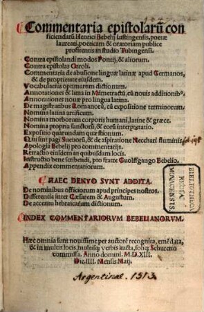 Commentaria epistolaru[m] conficiendaru[m] Henrici Bebelij Iustingensis ...