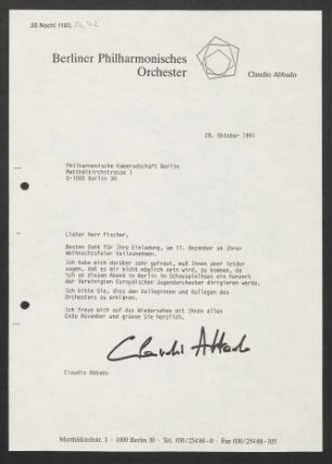 Brief an Martin Fischer an Philharmonische Kameradschaft Berlin, 28.10.1991