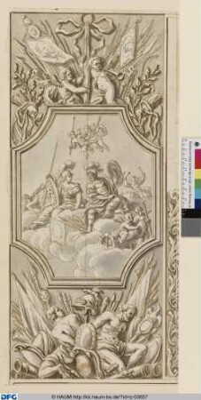 Kassel: Entwurf zu einer Hochfüllung für Wandmalerei: Mars mit Minerva auf Wolken sitzend umgeben von verschiedenen Putten