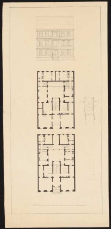 Dreigeschossiges Wohnhaus mit Seitenflügeln und Querhaus: Vorderansicht, Grundriss Erd- und Obergeschoss