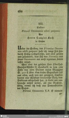 XXI. Ueber Pittenii Oeconomia edicti perpetui. Von Herrn Canzler Koch in Gießen