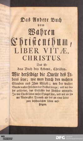 Das Andere Buch vom Wahren Christenthum, Liber Vitæ, Christus.