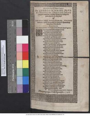Festivitati Nuptiali || Dn. Georgii Nigrini, Juve-|| nis Ervditissimi, Liberalivm Artivm || Magistri ornatißimi, Clarißími Theologi Dn. Georgii Ni-|| grini, Superint. &c. filij, sponsi: & ... Virginis Catharinæ ... viri Johannis Feuwerbach/ || Echzellani, Filiæ, sponsæ: ||