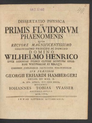 Dissertatio Physica De Primis Flvidorum Phaenomenis