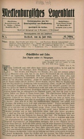 Nr. 1. Rostock, den 31. Juli 1932. 61. Jahrg.