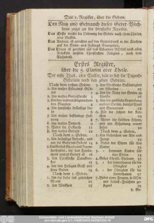 Erstes Register, über die 5 Classen oder Theile.