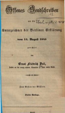 Offenes Sendschreiben an die Unterzeichner der Berliner Erklärung vom 15. August 1845 gerichtet