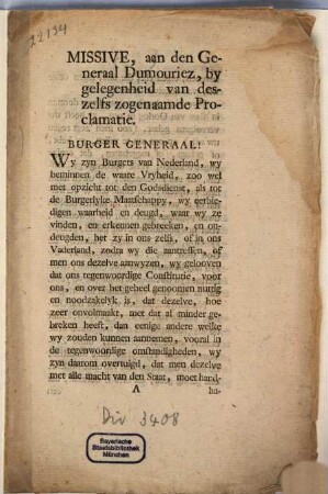 Missive, aan den Generaal Dumouriez, by gelegenheid van deszelfs zogenaamde Proclamatie