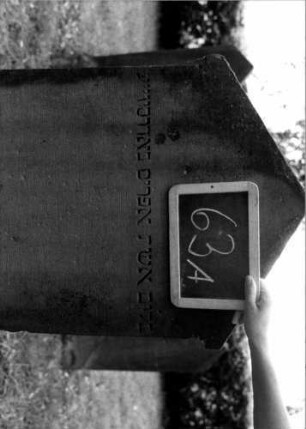 Grabstein 63 (Index: 100111132) Material: Sandstein Zustand: leicht verwittert am unteren Rand Maße HxBxT: 146x60x18 cm Beschreibung: ädikulaartige Stele mit Halbsäulen, giebelartiger Abschluß mit Verdachung Symbolik: Ranke, Zahnfries: Grabstein 63A