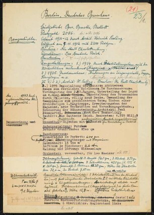 Deutsches Opernhaus (auch: Städtische Oper), Berlin: Schriftstück zum Fragebogen für das Handbuch »Das Deutsche Theater«, zwei Seiten