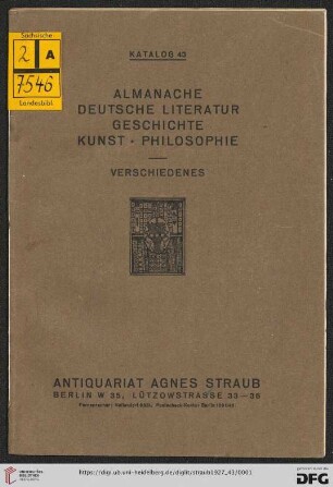 Nr. 43: Katalog: Almanache, deutsche Literatur, Geschichte, Kunst, Philosophie : Verschiedenes
