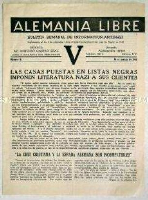 Beilage der Exil-Zeitung "Alemania libre" u.a. über die Unvereinbarkeit von christlichem Kreuz und deutschem Schwert.