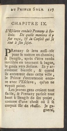 Chapitre IX. L'Esclave conduit Prenany à Solinie. De quelle maniere il y fut reçu, & du Conseil qui se tint de son sujet.