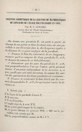 Solution géométrique de la question de mathématique du concours de l'École Polytechnique en 1891.