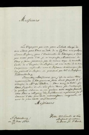 [Brief des Barons von Asch an namentlich nicht genannte(n) Adressaten vom 19./30.05.1777]