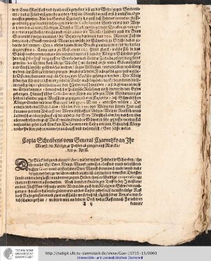 Copia Schreibens vom General Czarneßky an Ihr Mayest: die Königin zu Pohlen abgangen auß Warcka/ den 9. Aprill.