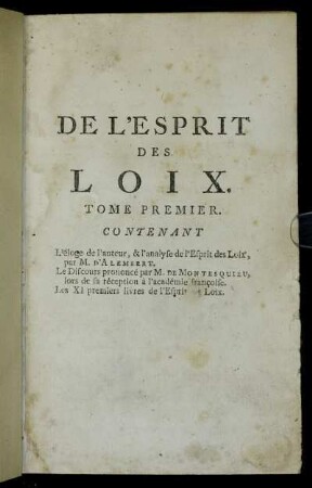 Tome Premier: De L'Esprit Des Loix. Tome Premier