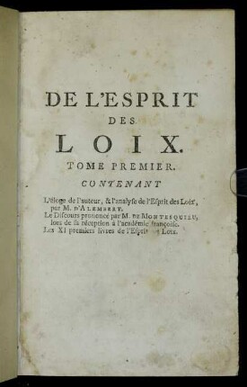 Tome Premier: De L'Esprit Des Loix. Tome Premier
