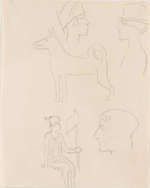 Skizzenblatt mit verschiedenen Köpfen, weiblicher Figur und Hund oder Wolf