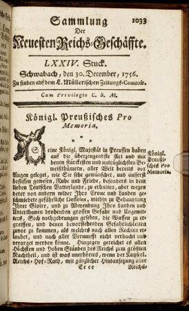 LXXIV. Stuck. Schwabach, den 30. December, 1756.